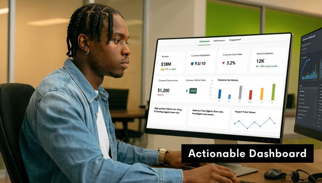 A young professional analyzing key customer success metrics on a computer screen in an office environment.