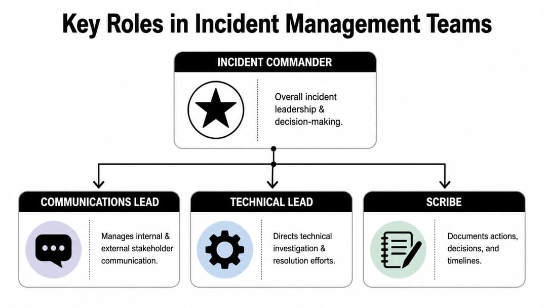 A diagram illustrating the four key roles in incident management teams: Incident Commander, Communications Lead, Technical Lead, and Scribe.