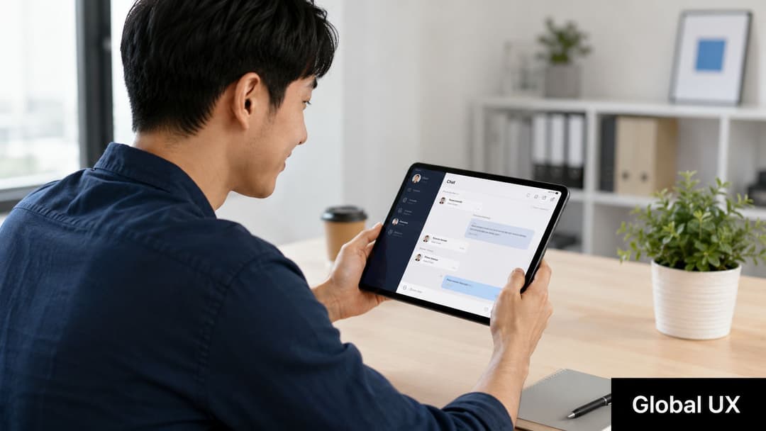 A young man sits at a desk holding a tablet displaying a multilingual chat interface application.