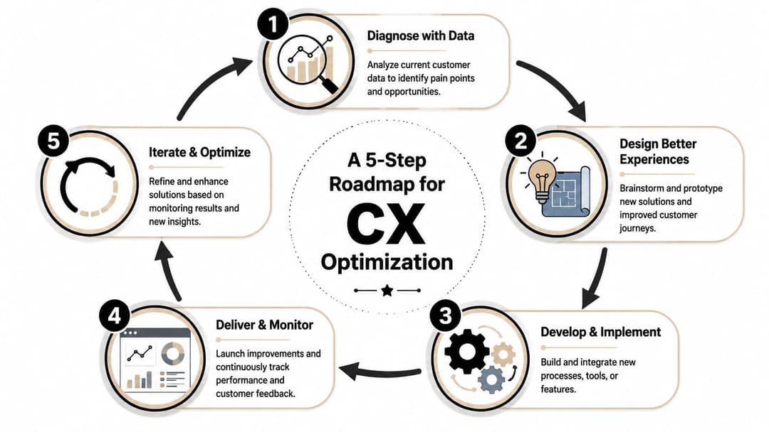A circular 5-step roadmap diagram illustrating the process for customer experience optimization, from data diagnosis to iteration.