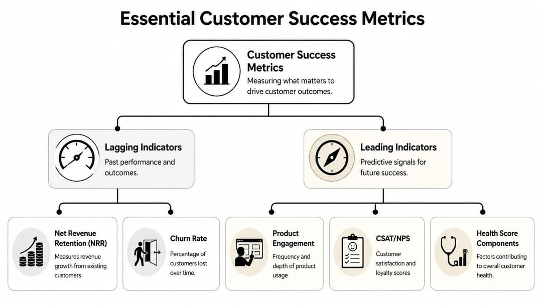 A diagram outlining essential customer success metrics, categorized into lagging indicators and leading indicators with specific examples.