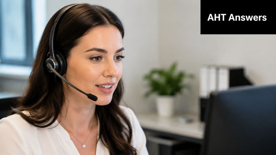 A smiling customer service representative with a headset looking at a computer screen in an office.