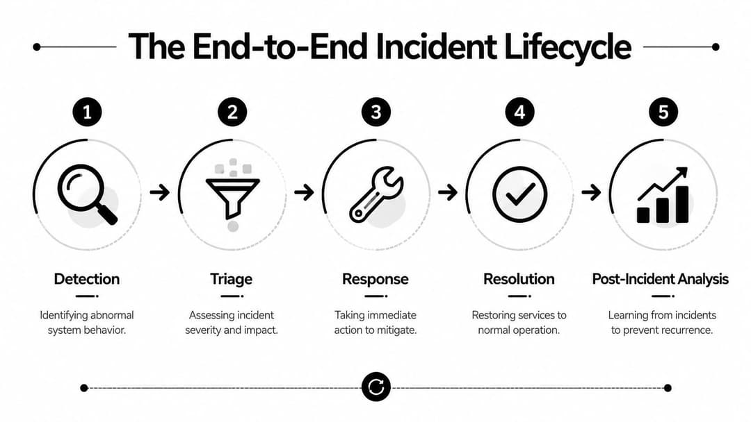A diagram illustrating the five steps of the end-to-end incident lifecycle from detection to post-incident analysis.