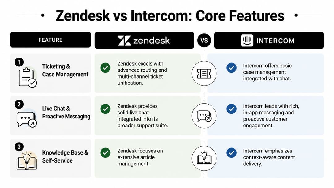 A comparison chart outlining the core feature differences between Zendesk and Intercom support software platforms.
