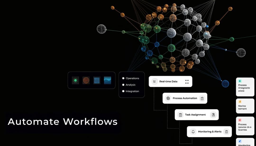 A digital graphic illustrating automated workflows with a network visualization, status icons, and task management interface elements.