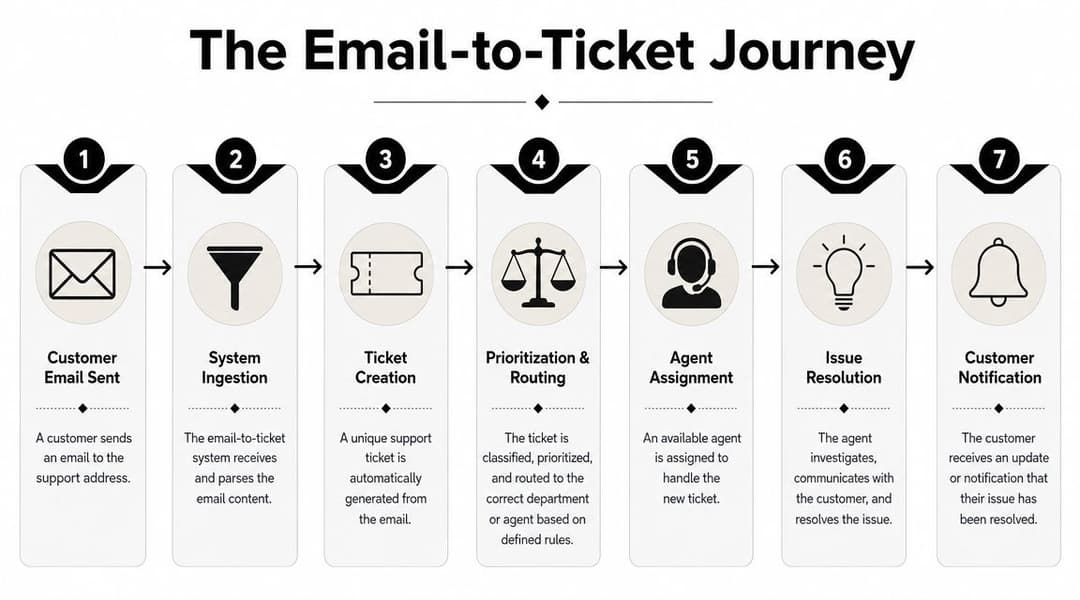 A flow chart illustrating the seven steps of an automated email-to-ticket system for customer support.