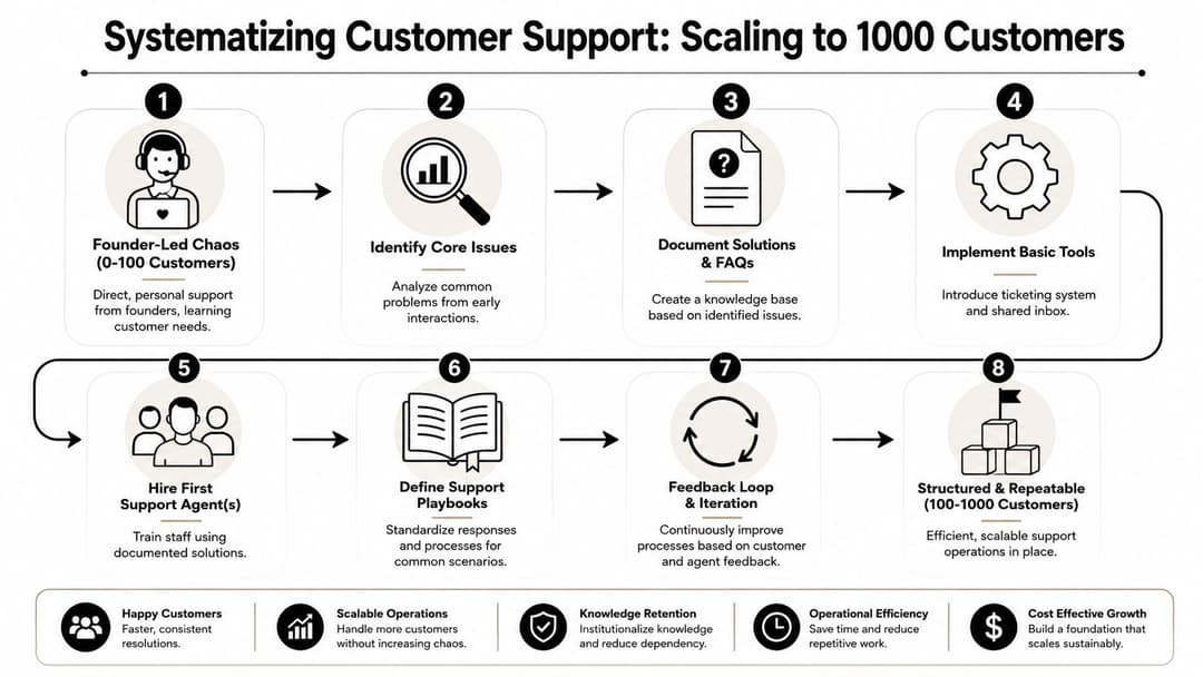 An infographic illustrating the eight-step process for systematizing and scaling customer support from zero to 1000 customers.