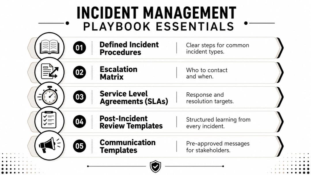 A structured infographic detailing the five essential components of an effective incident management playbook for IT teams.