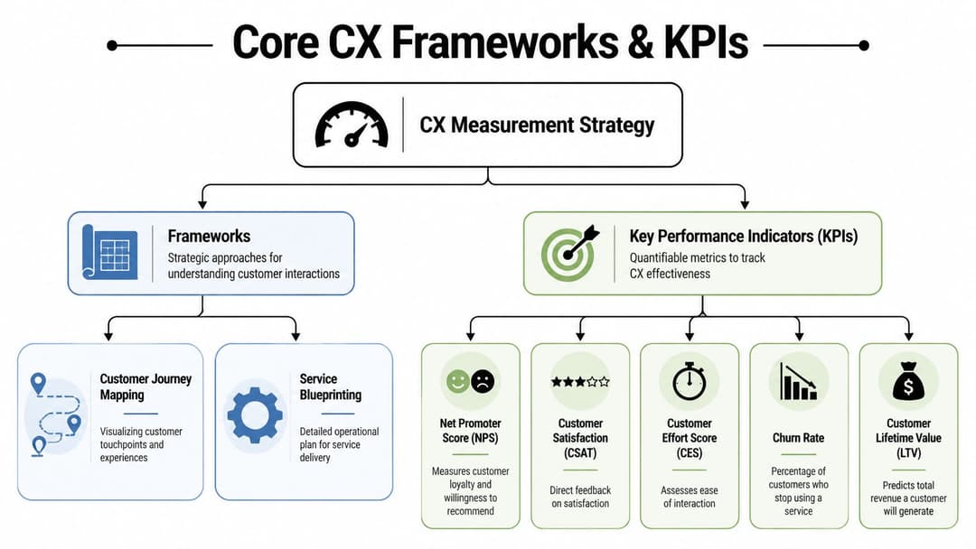 A diagram outlining core customer experience frameworks and key performance indicators like NPS, CSAT, and churn rate.