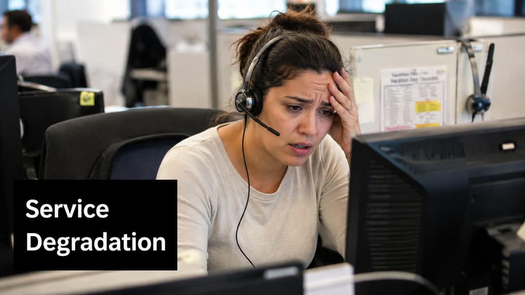 A frustrated customer support agent wearing a headset looking at her computer screen in an office.