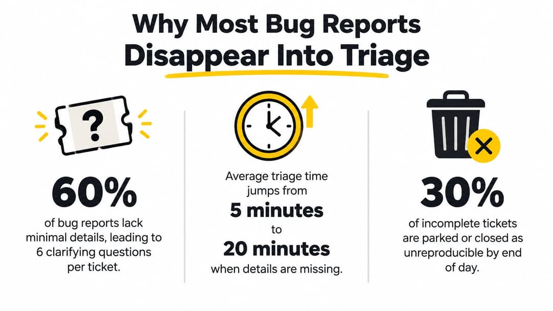An infographic titled Why Most Bug Reports Disappear Into Triage, illustrating statistics on incomplete bug reports.