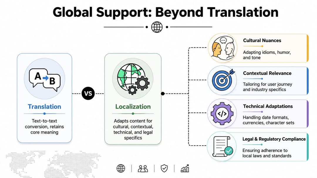 A diagram comparing translation to localization, detailing how localization adapts content for cultural, technical, and regulatory requirements.
