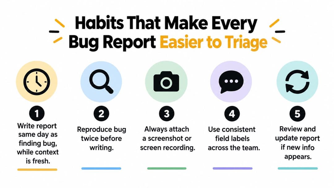 An infographic titled Habits That Make Every Bug Report Easier to Triage with five numbered steps.