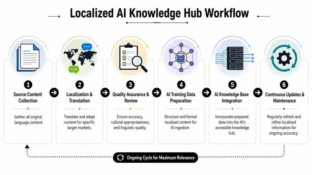 A six-step workflow diagram illustrating the process for creating and maintaining a localized AI knowledge hub.
