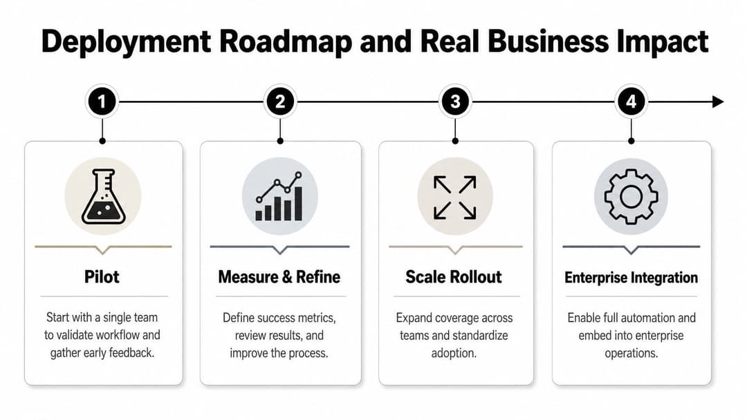 A four-step deployment roadmap infographic showing the phases: Pilot, Measure and Refine, Scale Rollout, and Enterprise Integration.