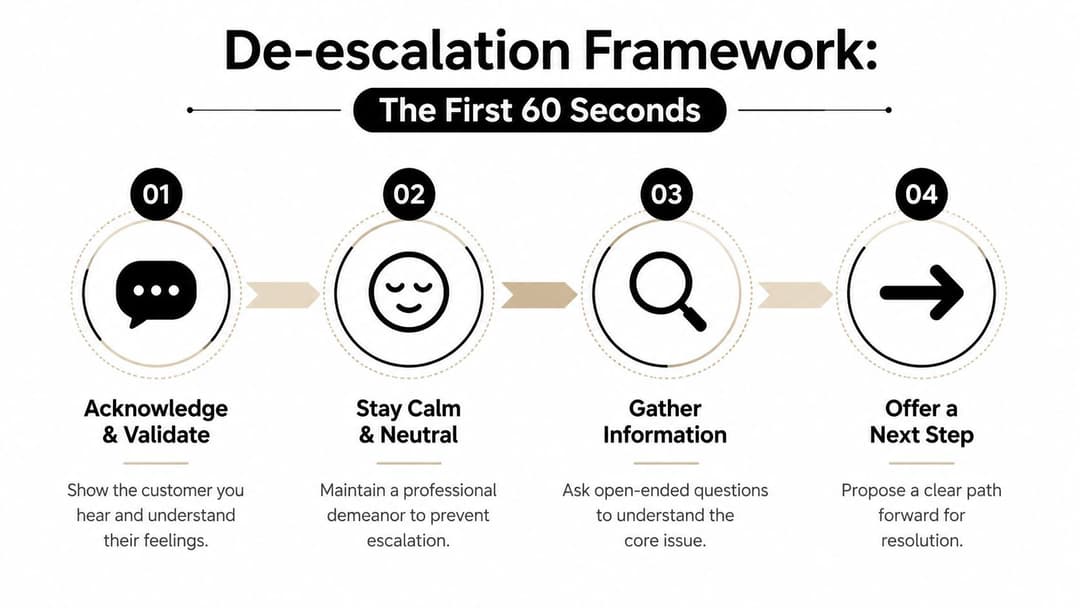 A four-step de-escalation framework infographic for handling angry customers during the first sixty seconds of interaction.