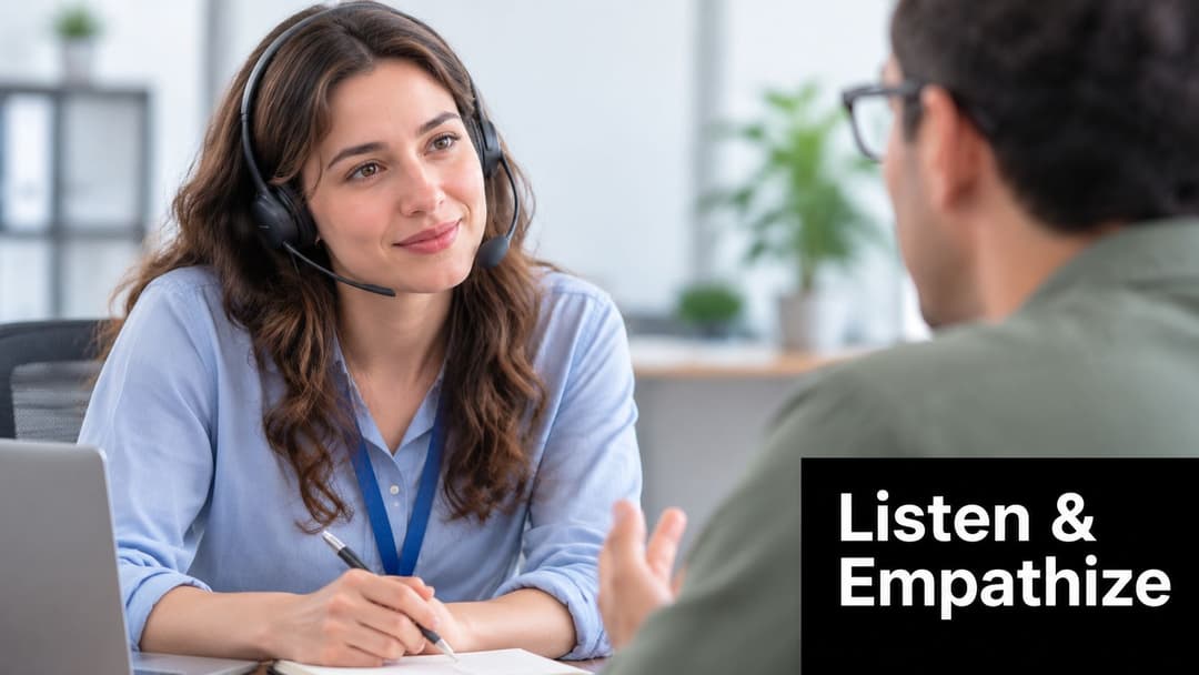 A female representative with a headset listens empathetically to a customer during an office consultation meeting.