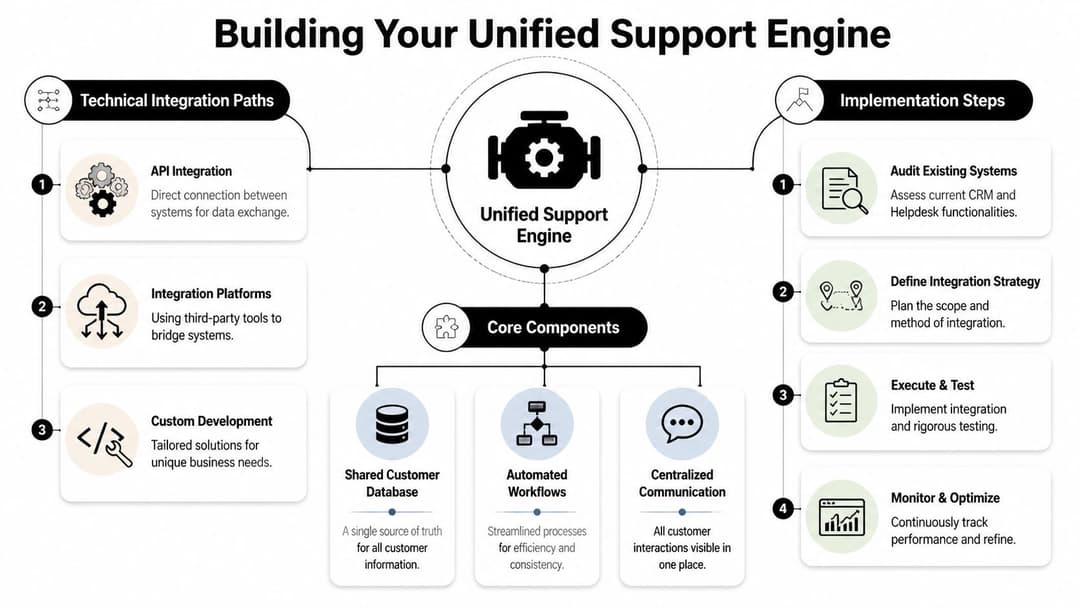 A diagram illustrating the process and components for building a unified customer support engine for businesses.