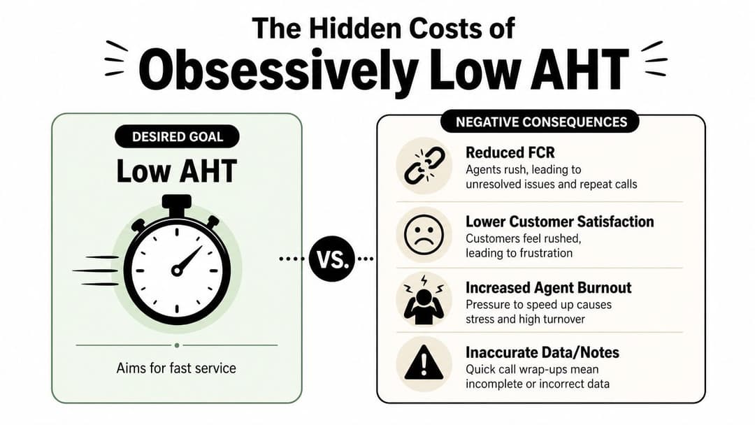An infographic illustrating the negative consequences of obsessively prioritizing low average handle time in customer service.