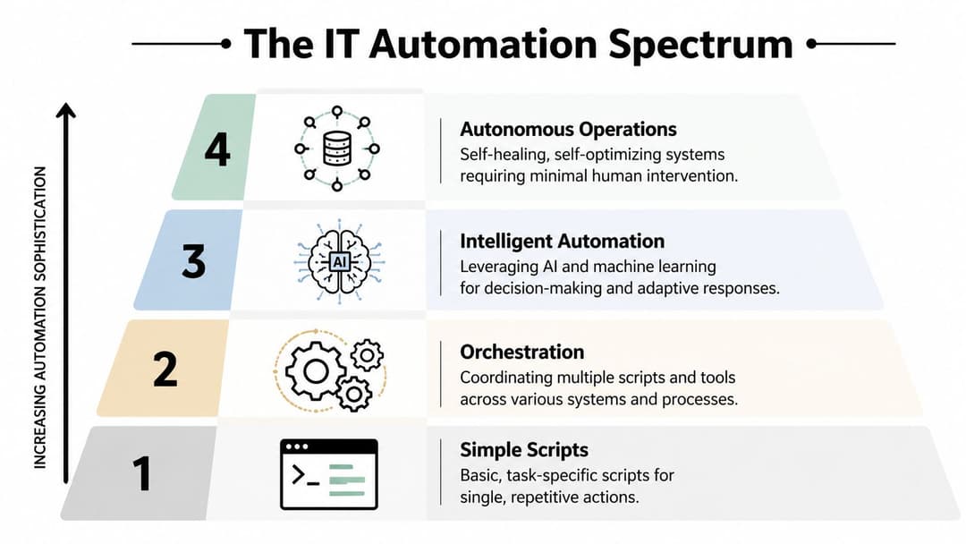 A four-level pyramid diagram illustrating the IT automation spectrum, ranging from simple scripts to autonomous operations.