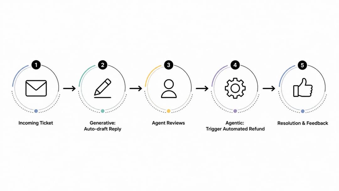 A flow diagram illustrating a five-step customer support process from incoming ticket to final resolution.