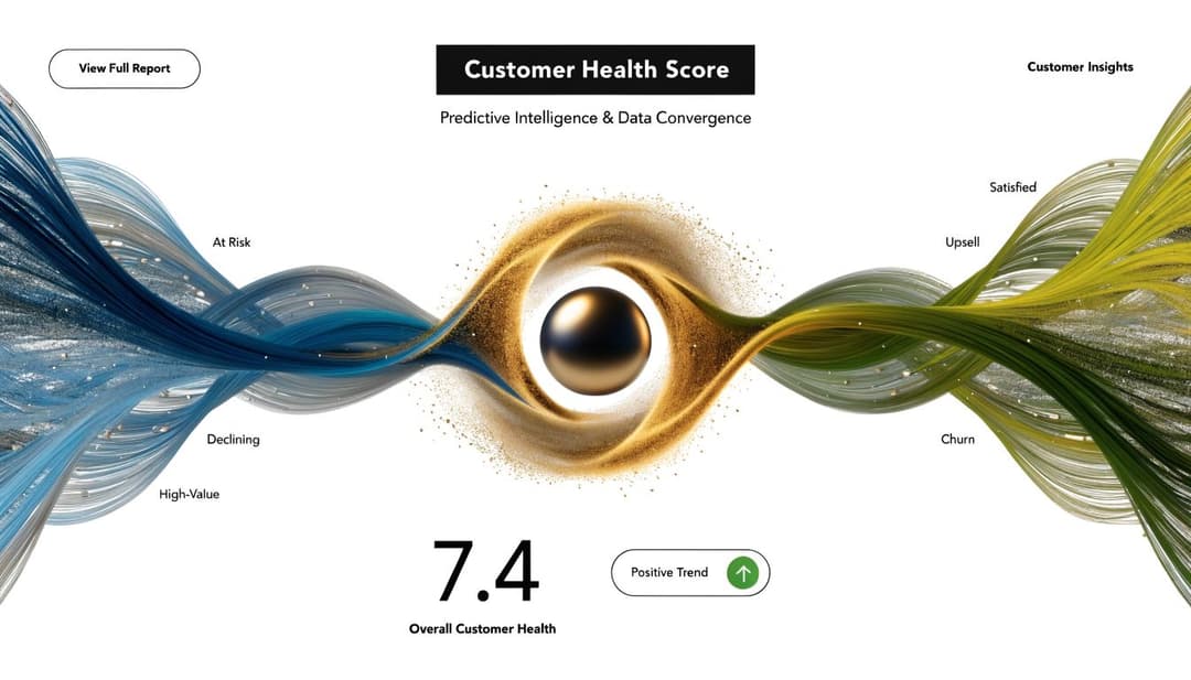 An abstract visualization of customer health scores with data streams flowing into a central golden orb.