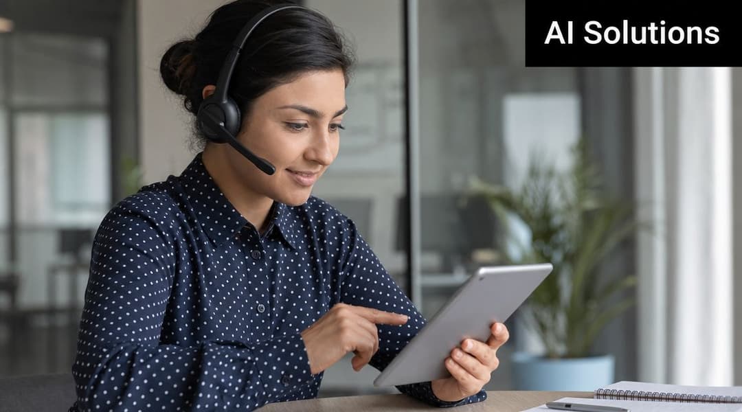 A professional woman wearing a headset, using a tablet at her desk in a modern office space.