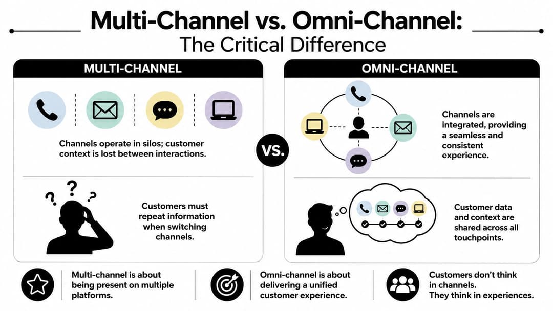 A comparison infographic showing the key differences between multi-channel and omni-channel customer support service strategies.