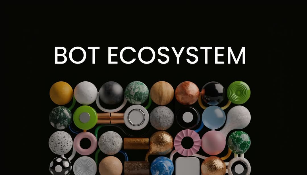 A digital render featuring the text Bot Ecosystem above various abstract spheres and shapes connected by lines.