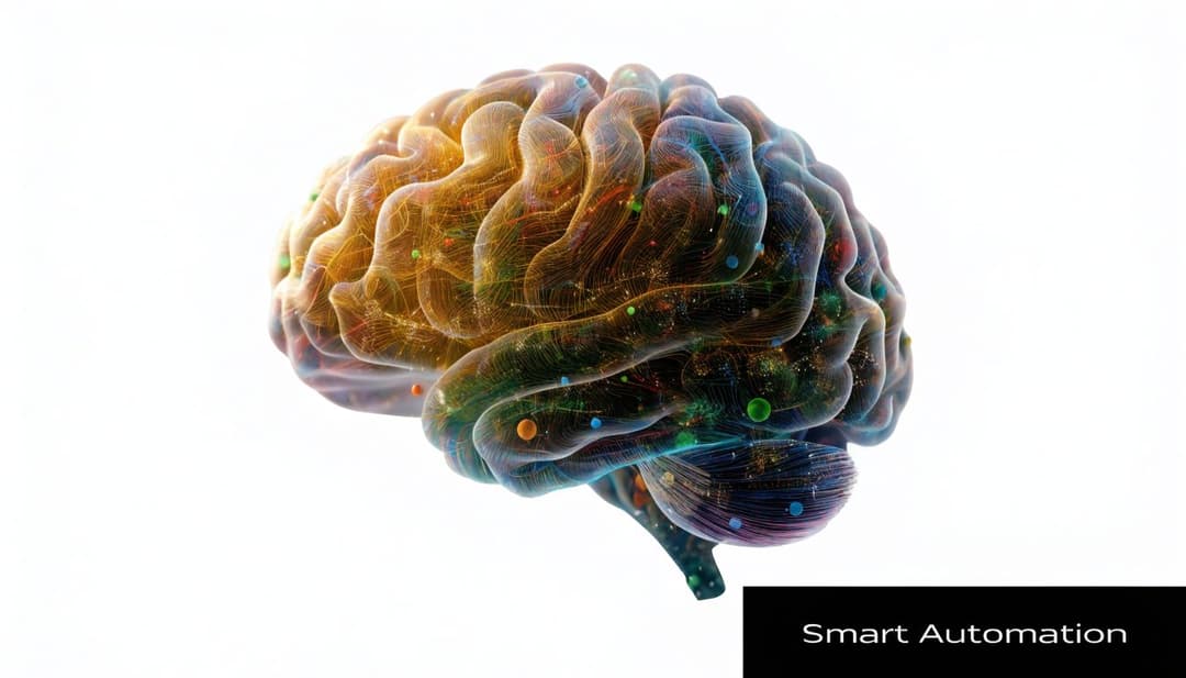 A digital illustration of a human brain with glowing neural networks and spheres against white background.