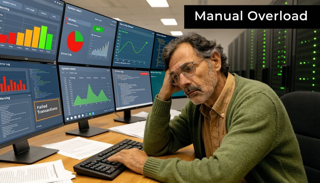 A stressed system administrator sitting in a server room looking at multiple monitors displaying error logs.