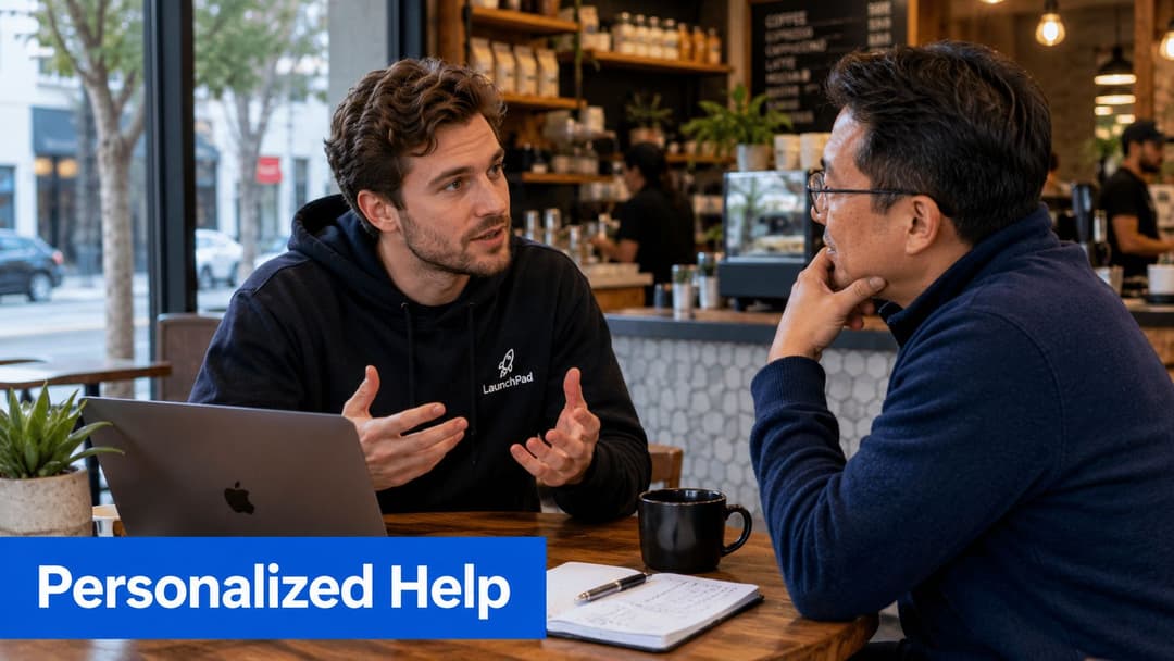 Two professional men discussing business strategies while sitting at a coffee shop table with a laptop.