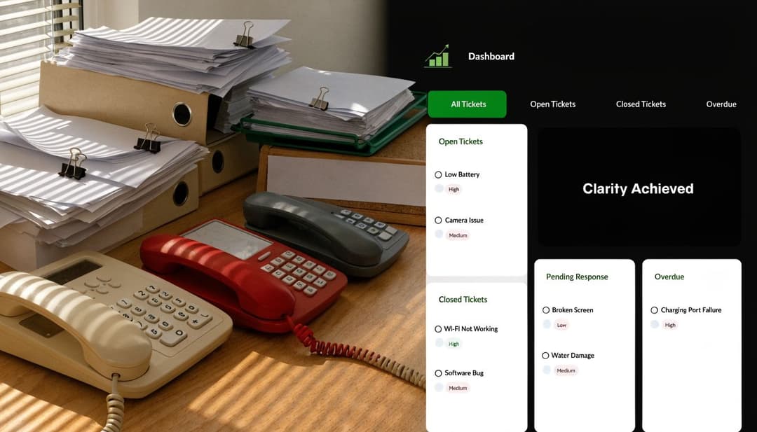 A digital dashboard showing IT support tickets displayed over a desk with messy paperwork and old telephones.