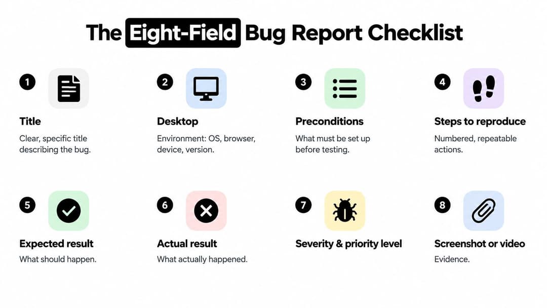 An infographic titled The Eight-Field Bug Report Checklist detailing eight essential components for effective software testing.