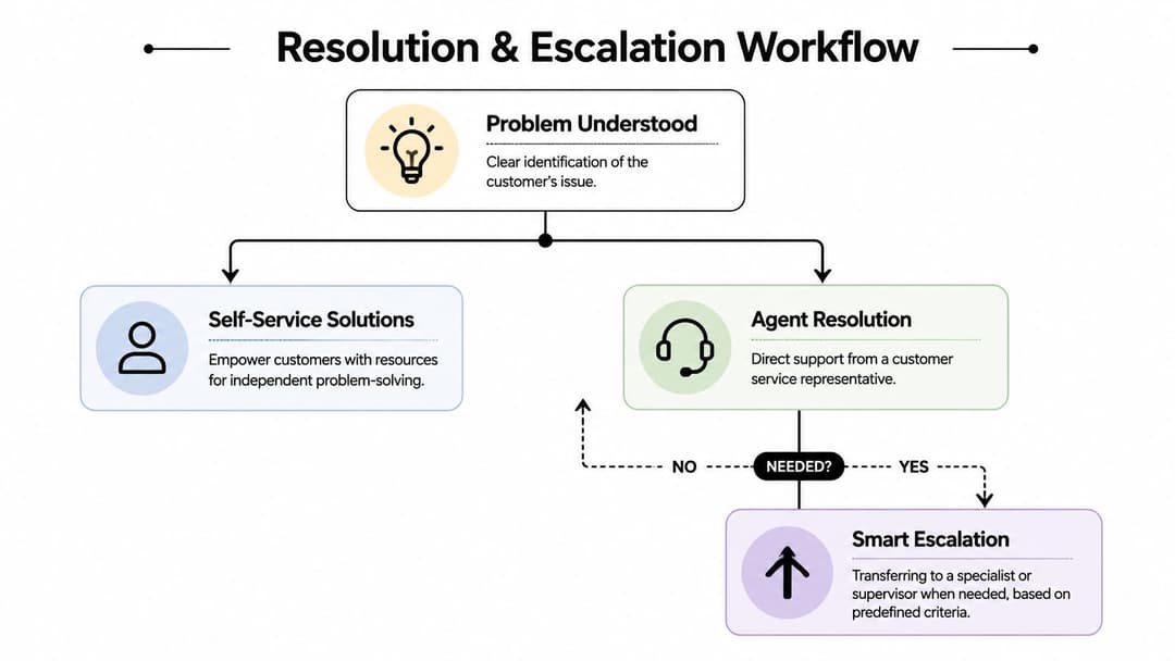 A flowchart diagram illustrating the steps for customer service resolution and smart escalation processes.