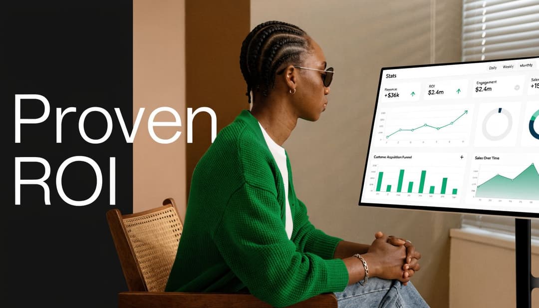 A person in a green sweater looks at a monitor displaying business analytics and revenue charts.