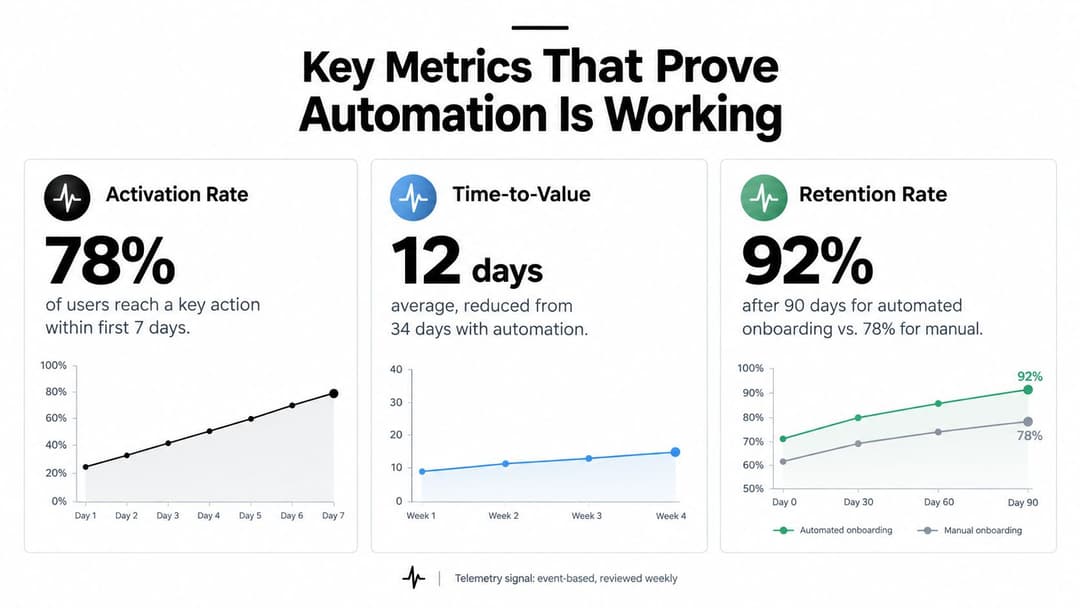 An infographic showing key performance metrics including activation rate, time-to-value, and retention rate for user onboarding automation.